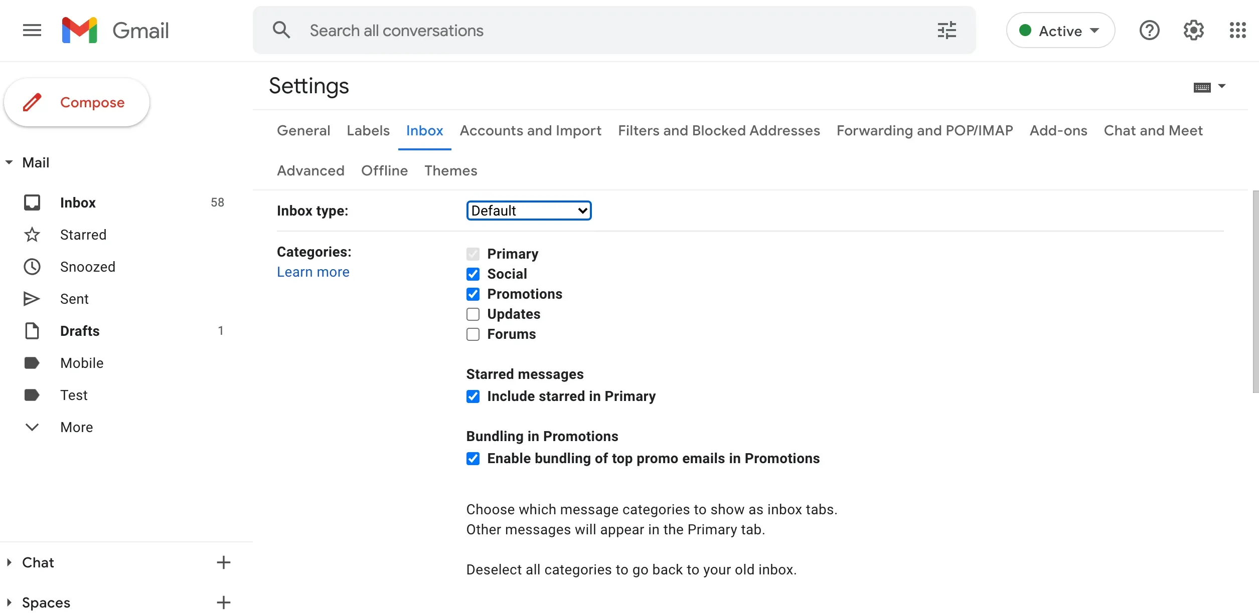 Gmail tabs settings