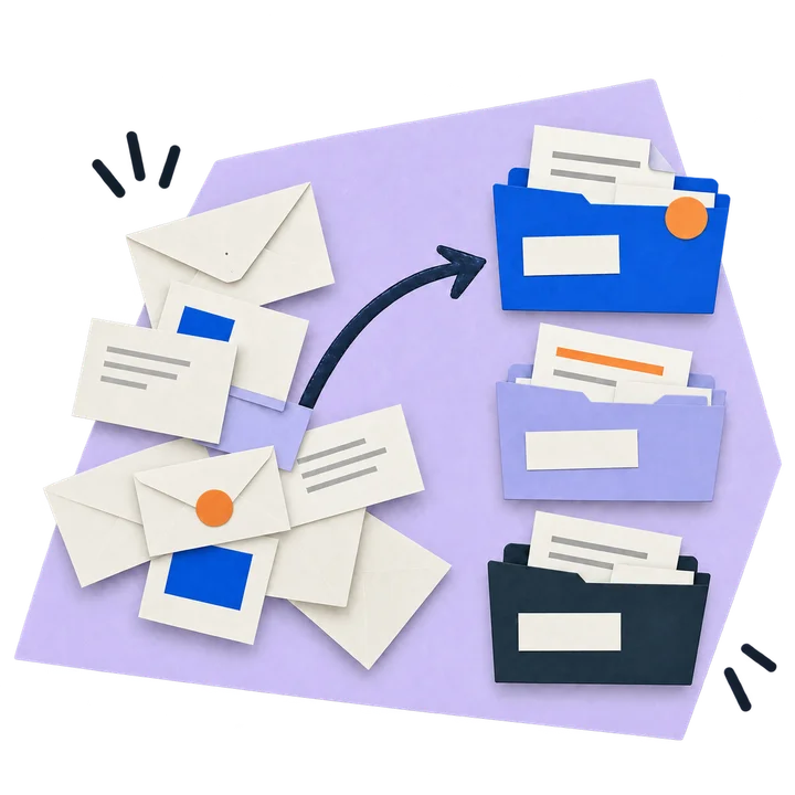 Paper collage: Loose emails are organised into three coloured folders. Important, Newsletters, Other.