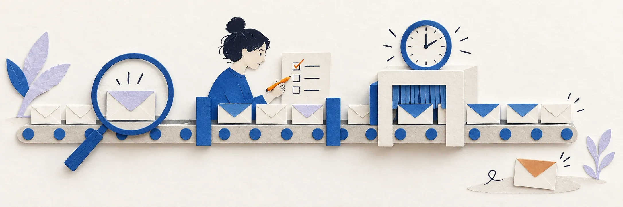 Paper illustration: envelopes and folders for this email workflow
