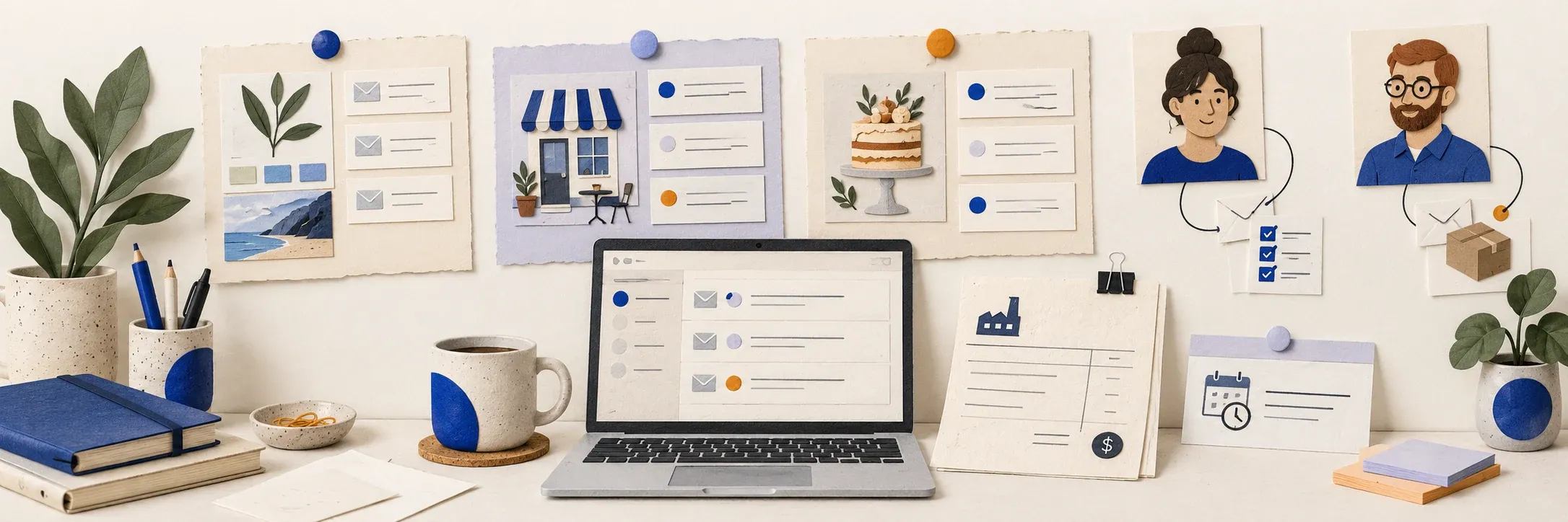 Paper illustration: envelopes and folders for this email workflow