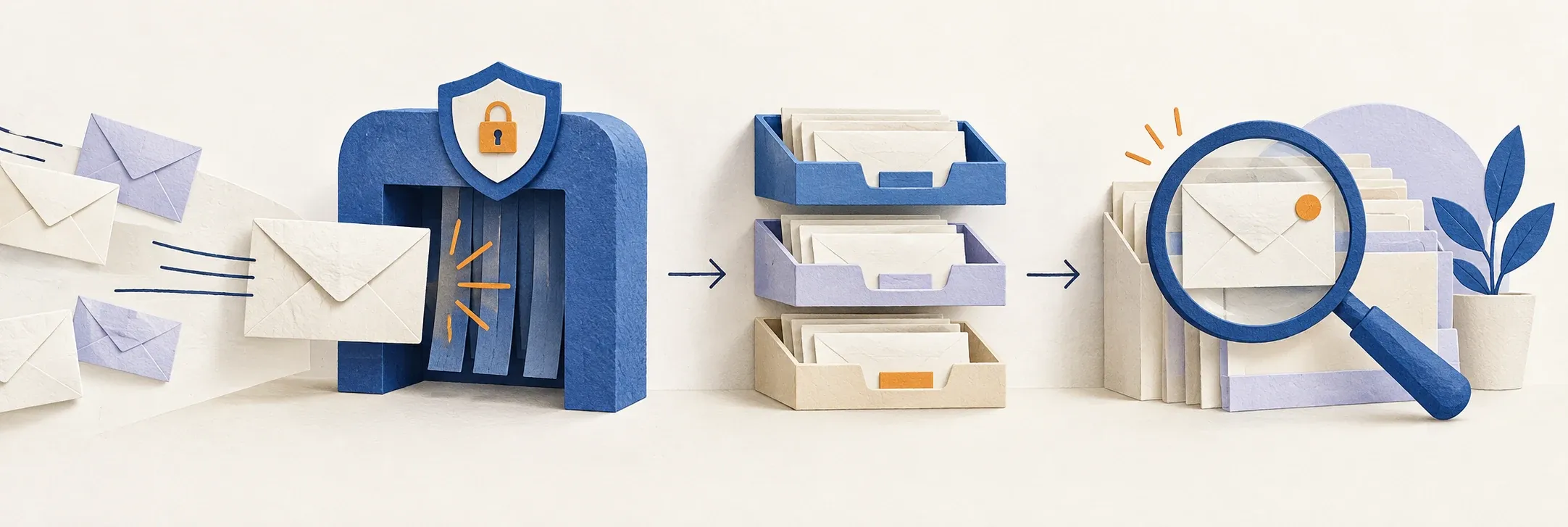 Paper illustration: envelopes and folders for this email workflow