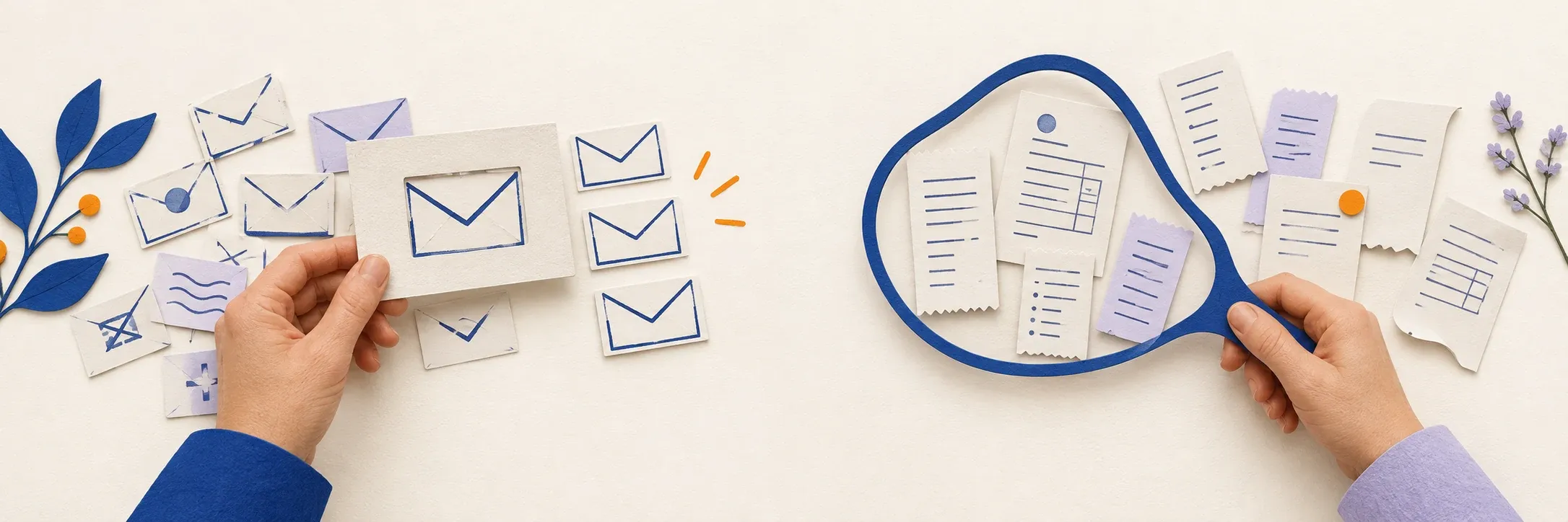 Paper illustration: envelopes and folders for this email workflow