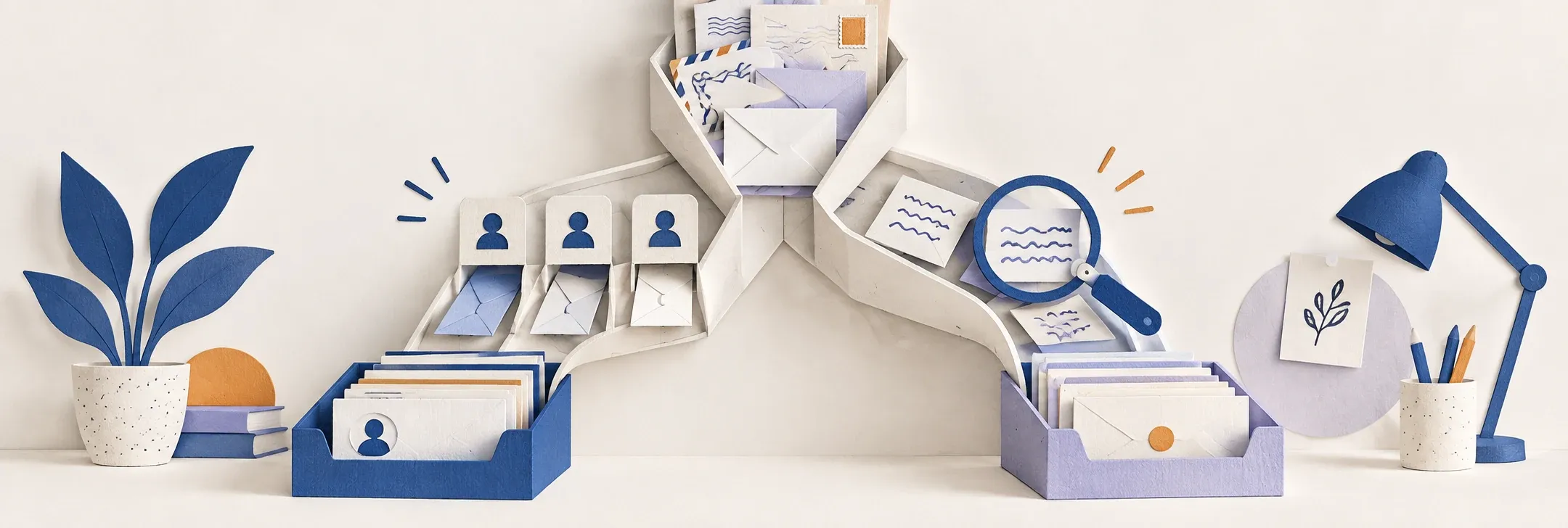 Paper illustration: envelopes and folders for this email workflow Paper illustration: envelopes and folders for this email workflow