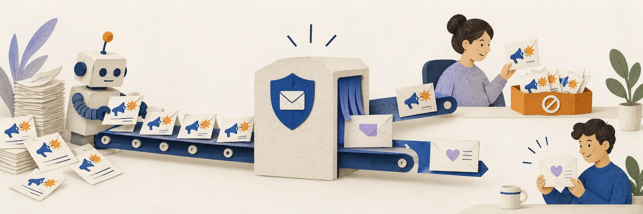 Paper illustration: envelopes and folders for this email workflow